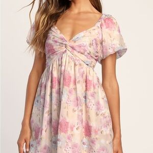 Lulu’s Fresh Florals Cream Floral Print Puff Sleeve Mini Dress